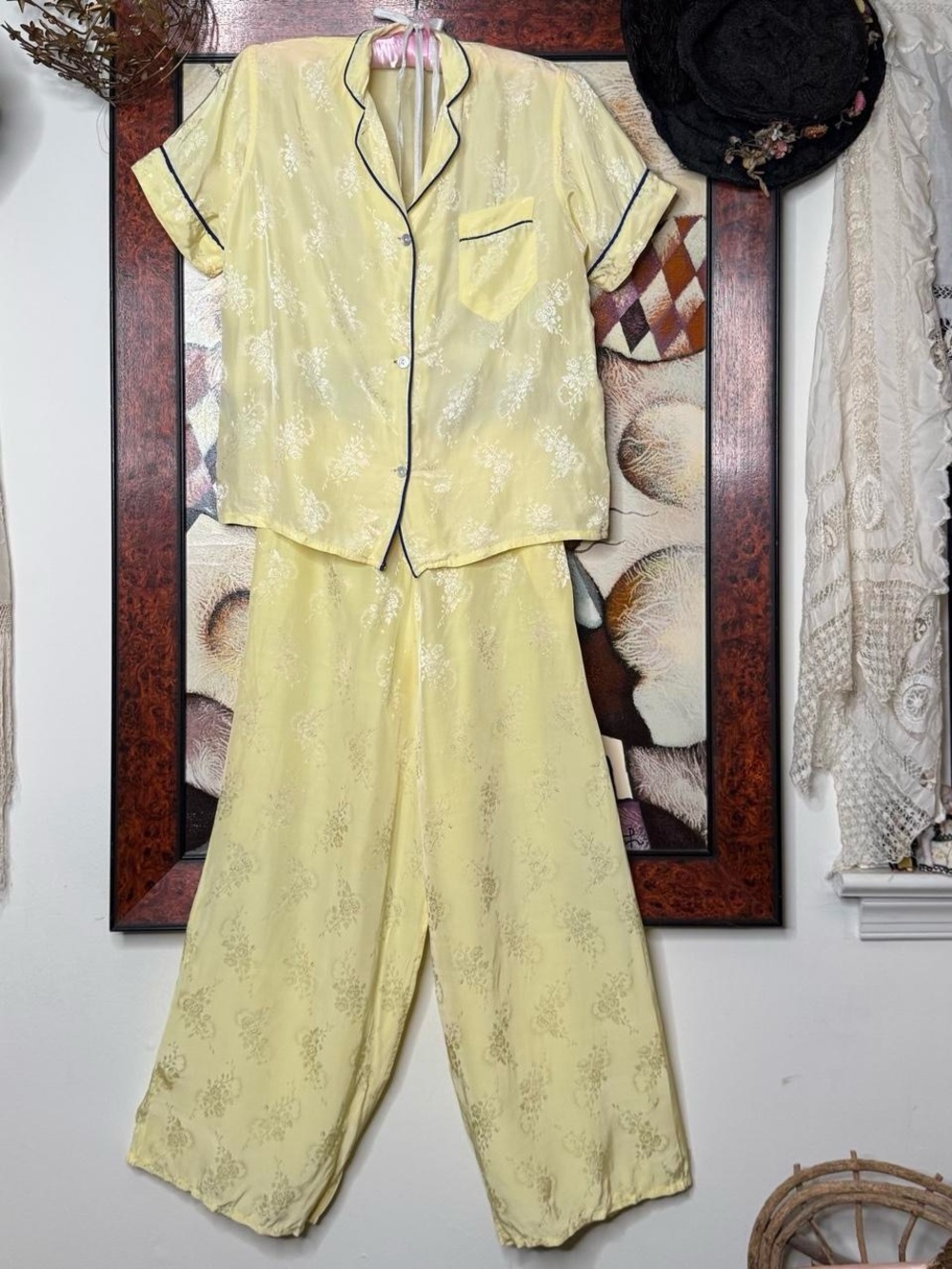 1940s butter yellow floral jacquard silky lounge beach pajamas set